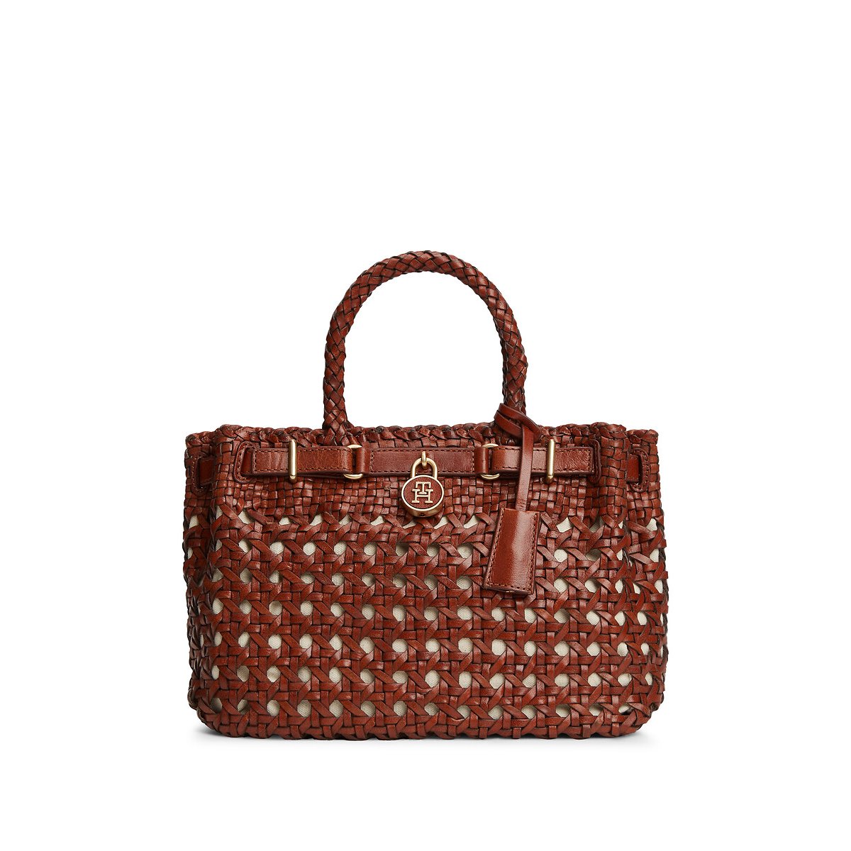 Sac mini tote en cuir de vachette tressé camel, TOMMY HILFIGER