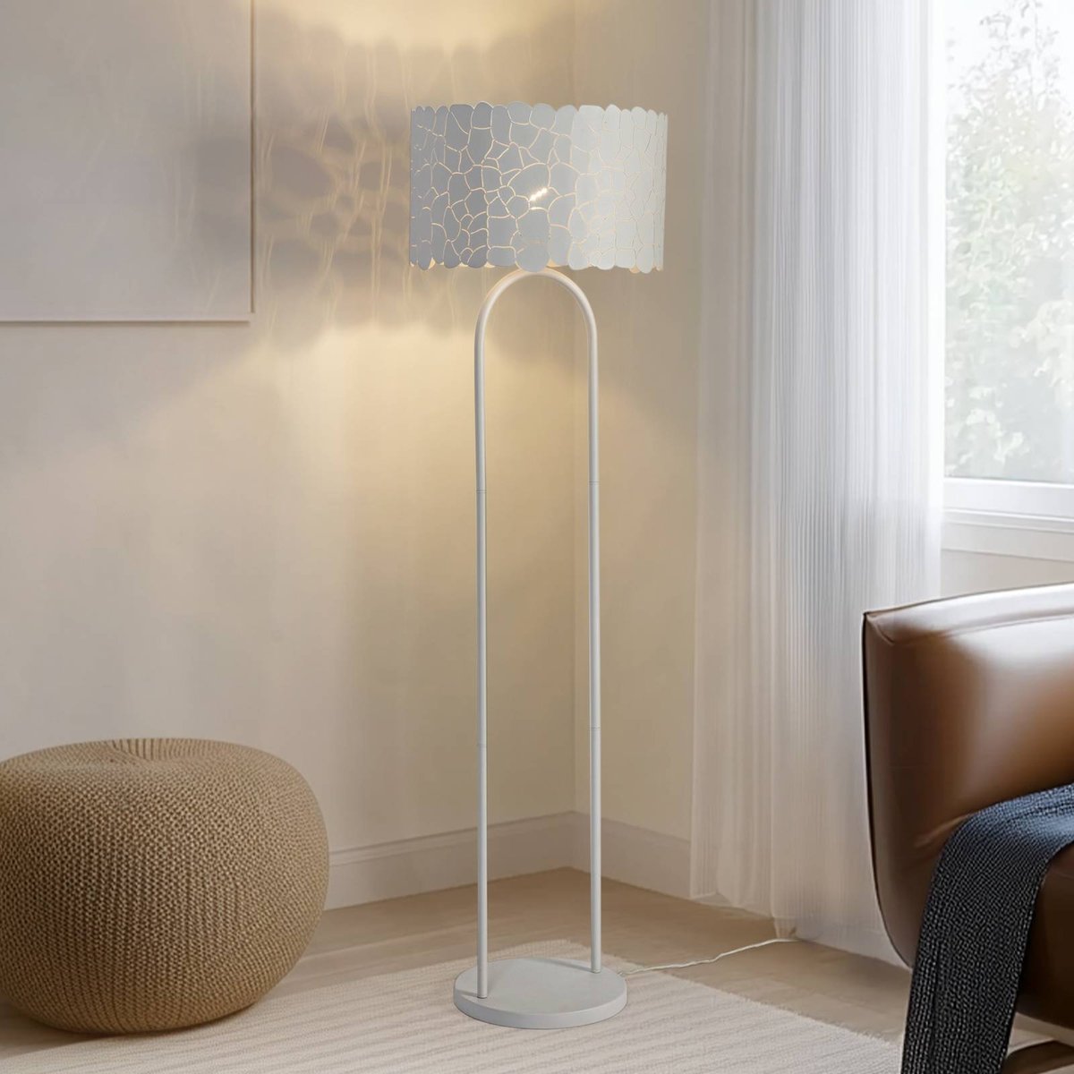 Lampadaire en métal moderne, Aralena blanc, LINDBY
