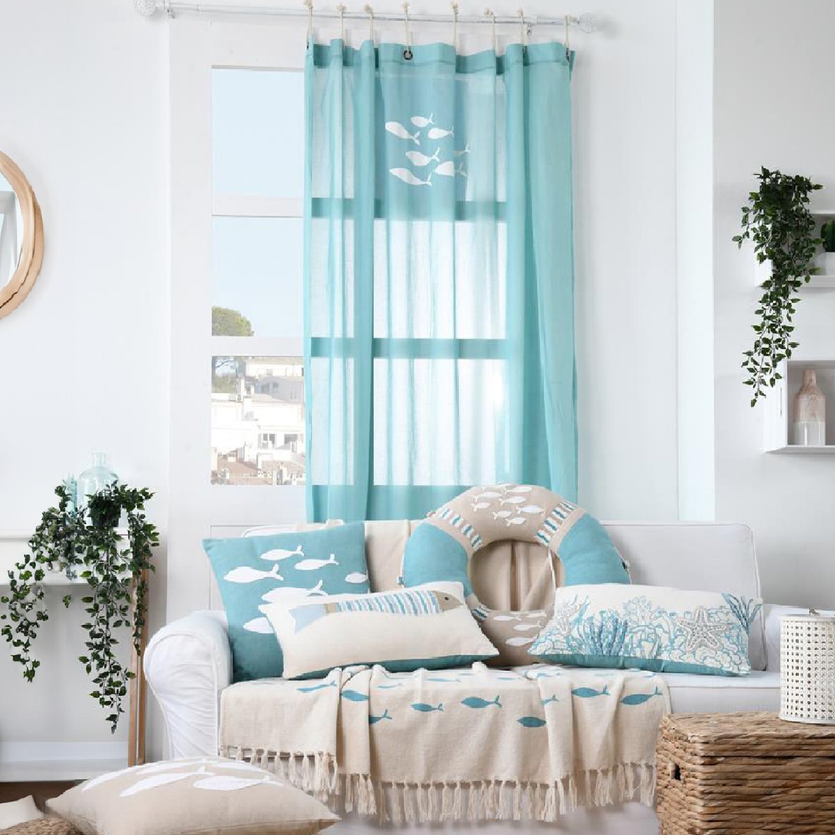 Voilage Esprit Marin Motifs Poissons turquoise, LOVELY CASA