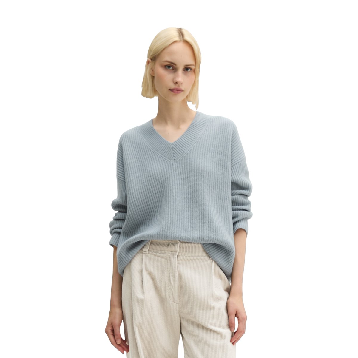 Pull en maille à col en V, coupe ample en mélange de laine vierge douce gris, MARC O'POLO