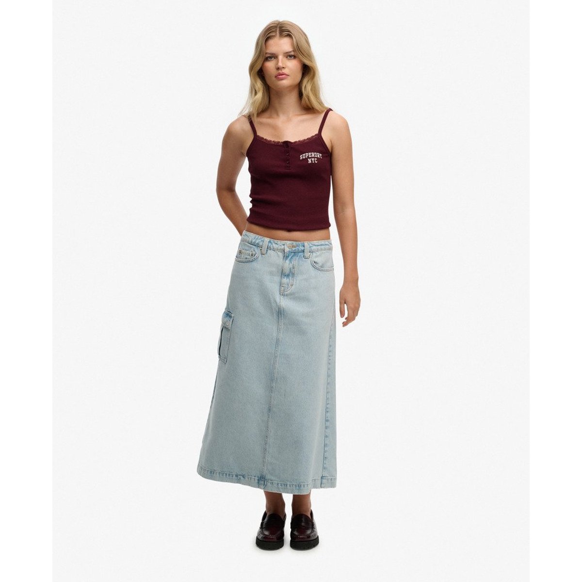 Jupe Maxi Cargo en Jean bleu vintage clair, SUPERDRY