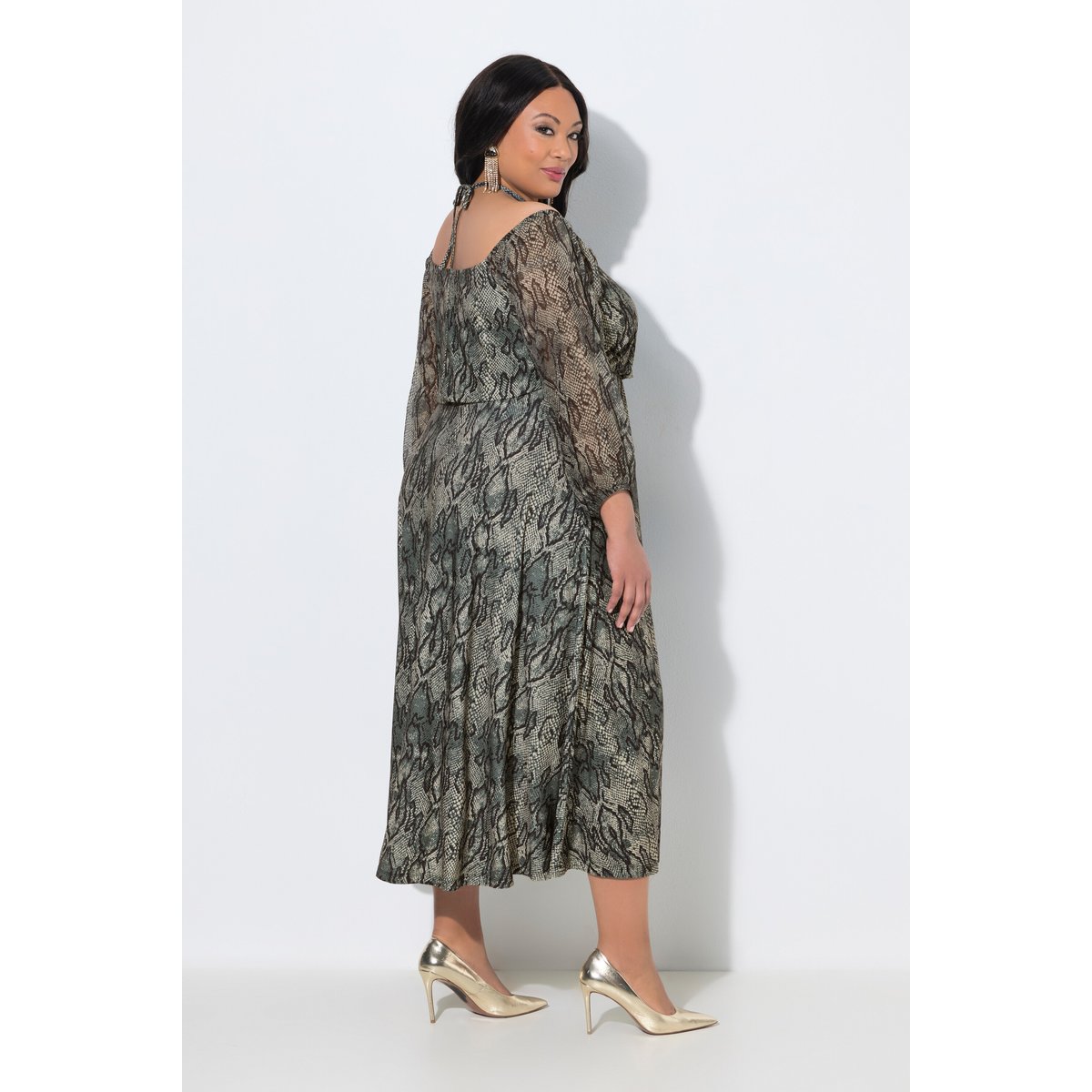 Robe longue, motif animalier, col Carmen gris olive, ULLA POPKEN