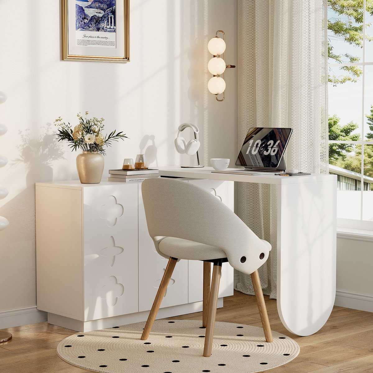 Bureau d’angle rotatif multifonction avec 3 tiroirs et rangement intégré, BABERCA blanc, MEUBLES COSY
