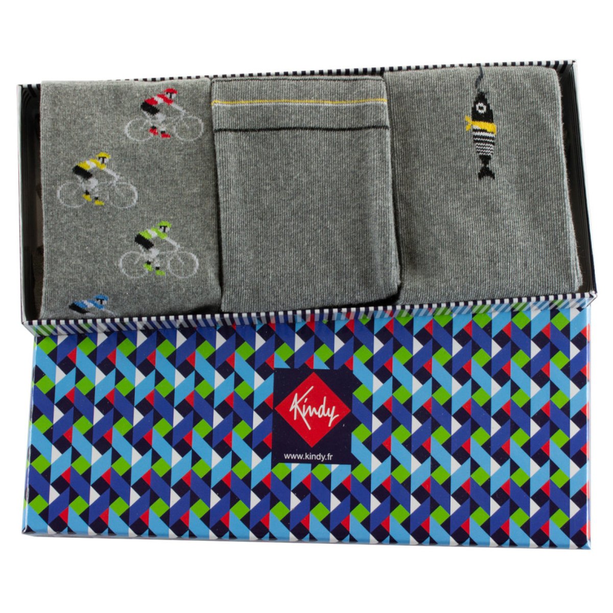Coffret de 3 paires de mi-chaussettes homme fantaisie coton majoritaire gris, KINDY