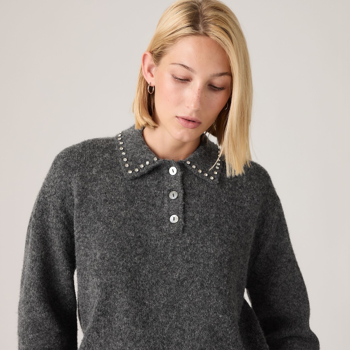 Pull col polo strass manches longues gris foncé, LEVI'S