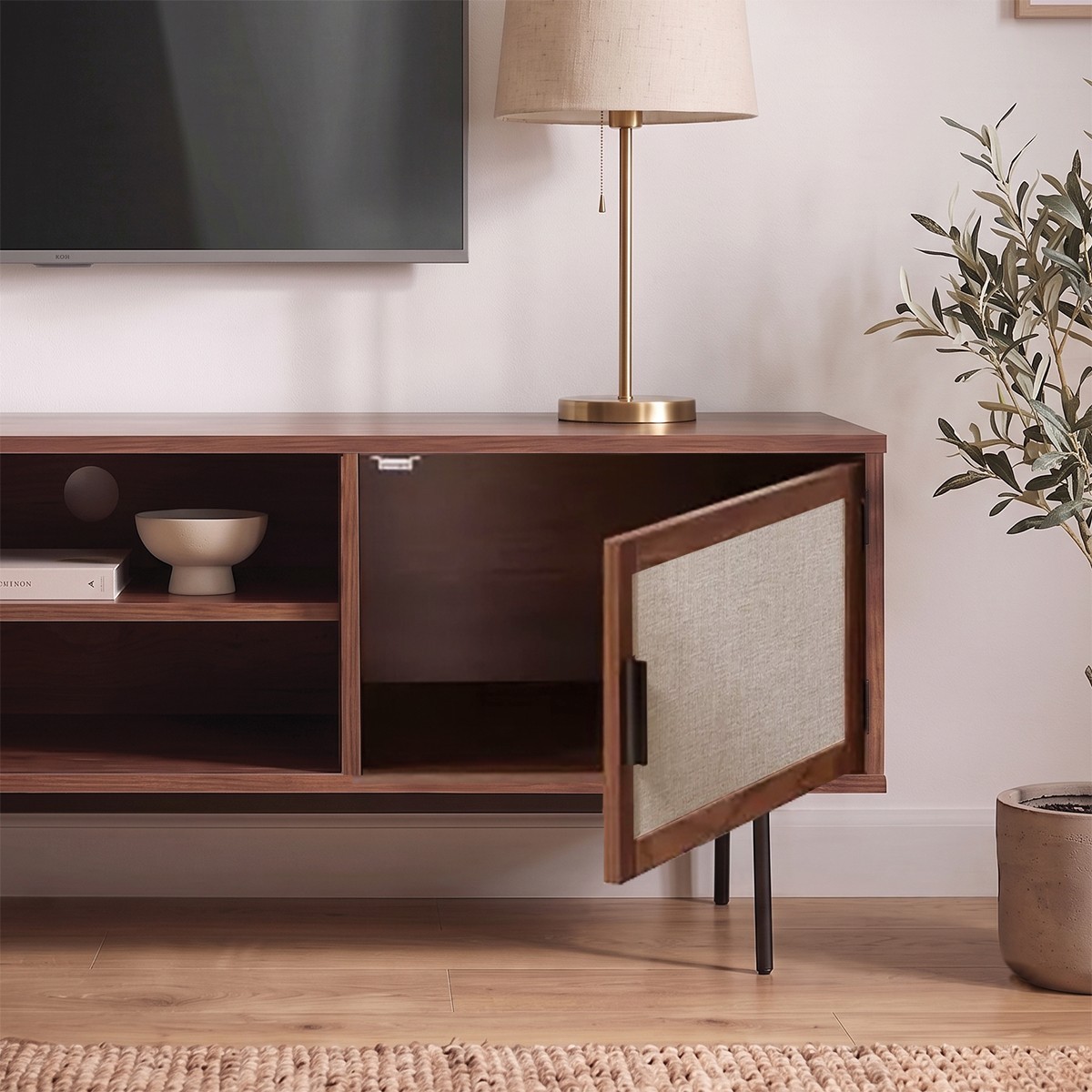 Meuble TV décor noyer avec façades en tissu  L140 cm JETSON bois foncé, CALICOSY