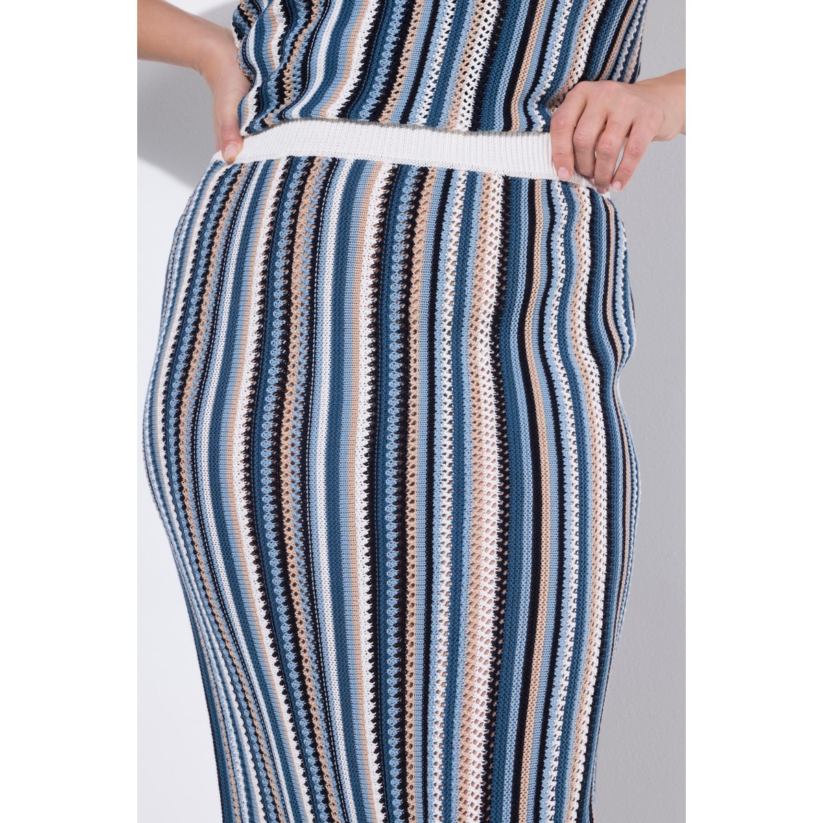 Jupe à rayures, maille ajourée bleu jean, ULLA POPKEN