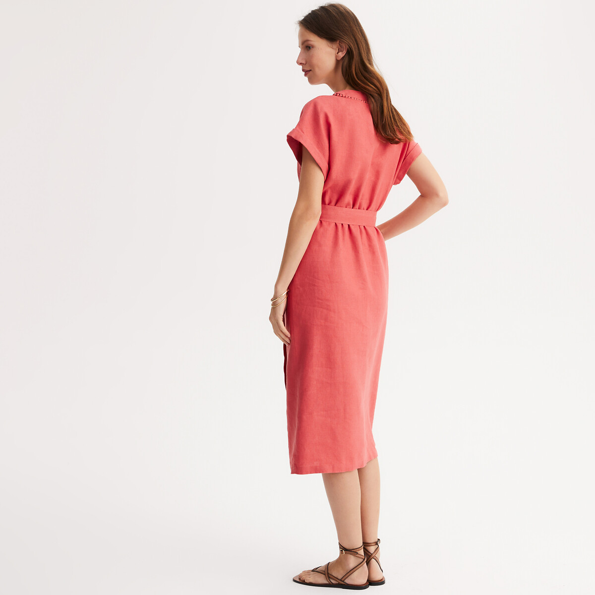 Linen Shift Dress, Midi 3/4 Length coral pink, ANNE WEYBURN