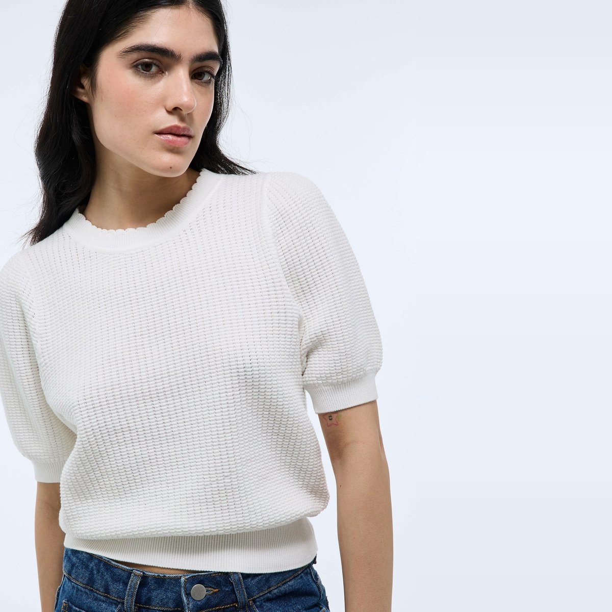 Pull manches courtes uni ecru, MONOPRIX