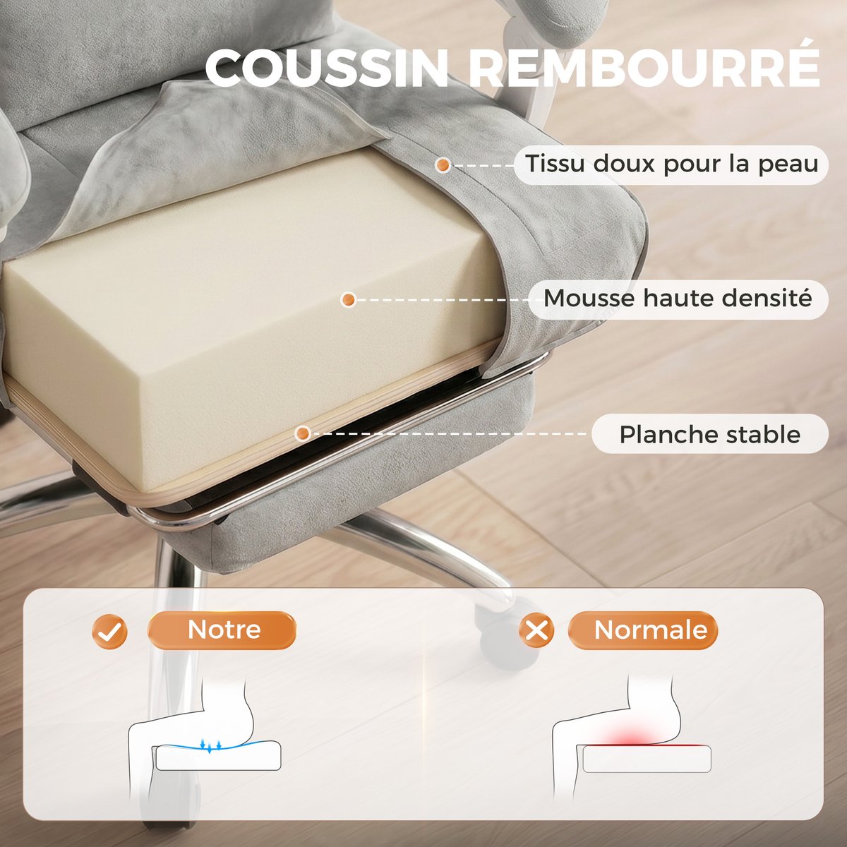 Chaise de bureau Velours (100 % Polyester) gris clair, HOMCOM