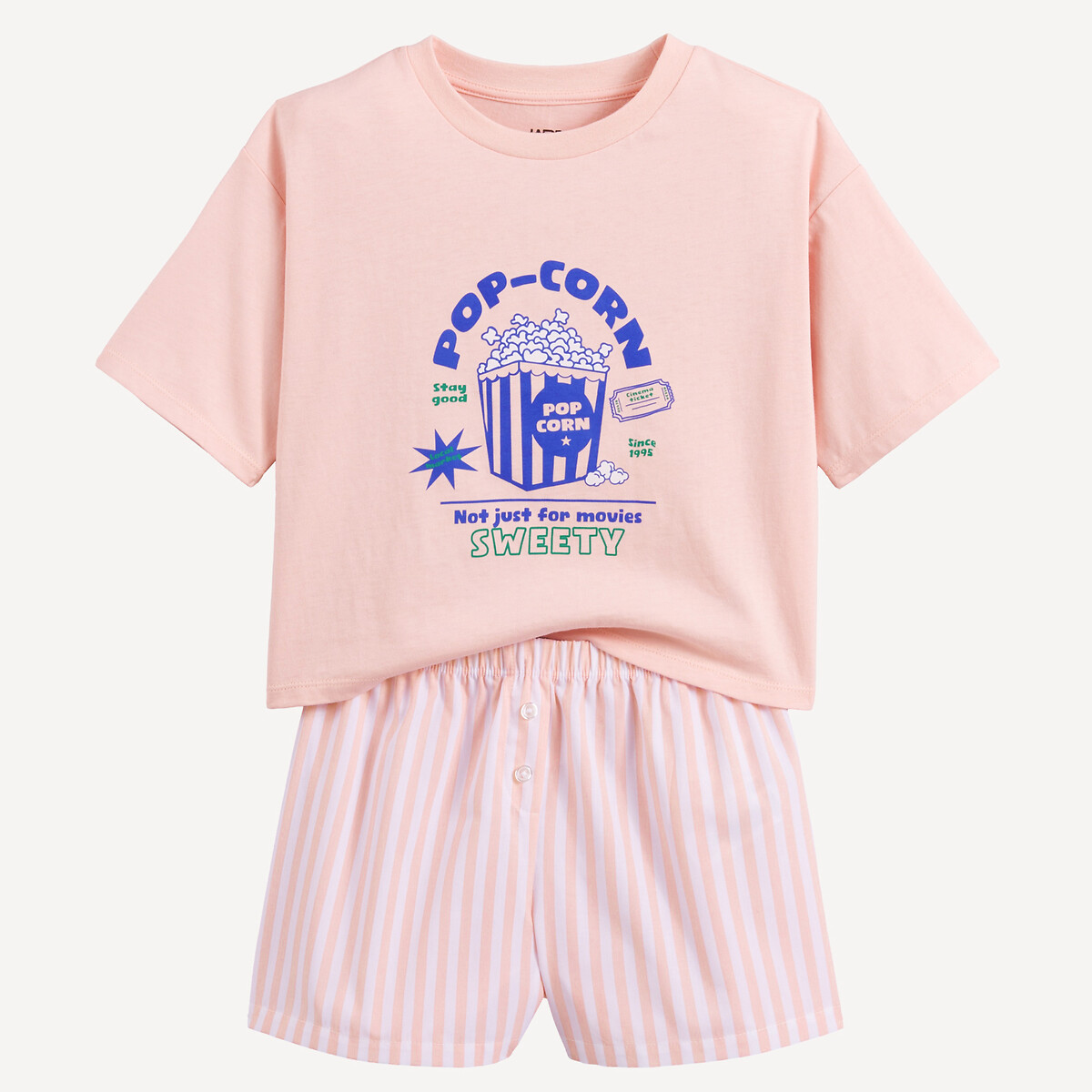 Pyjashort avec haut en jersey, short en popeline, imprimés pop-corn et rayures assortis, LA REDOUTE COLLECTIONS