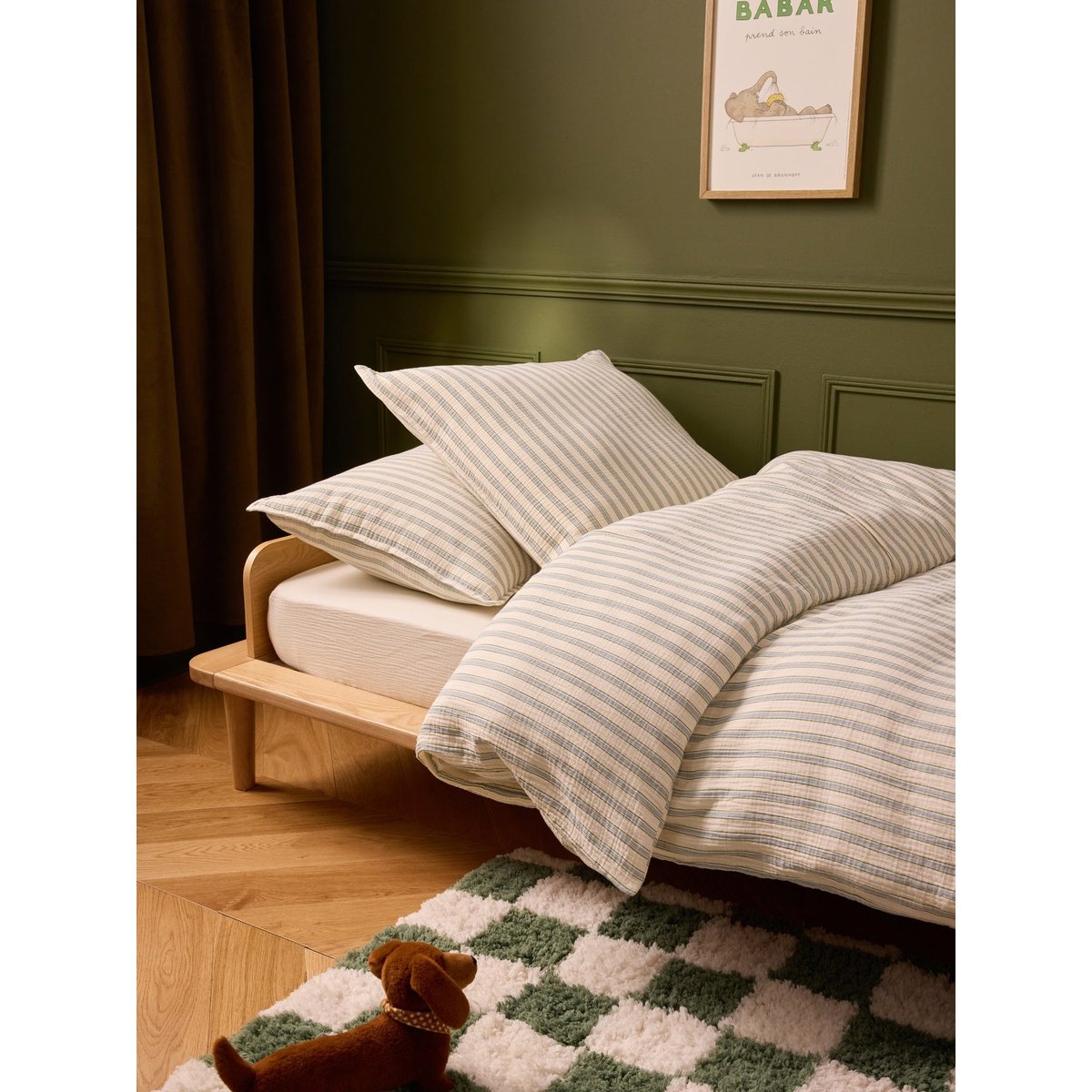 Taie d'oreiller gaze de coton "Lou" rayure vert/bleu, CYRILLUS