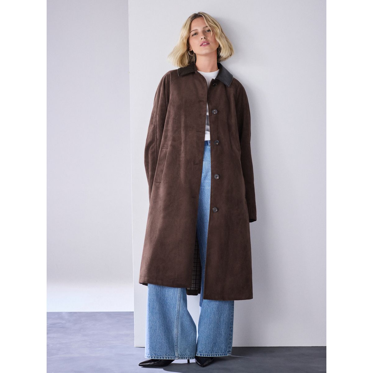 Trench en simili daim marron chocolat, NEXT