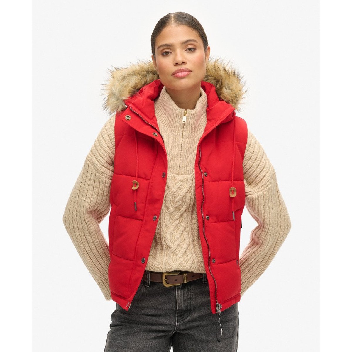 Doudoune sans manches à imitation fourrure Everest rouge universitaire, SUPERDRY