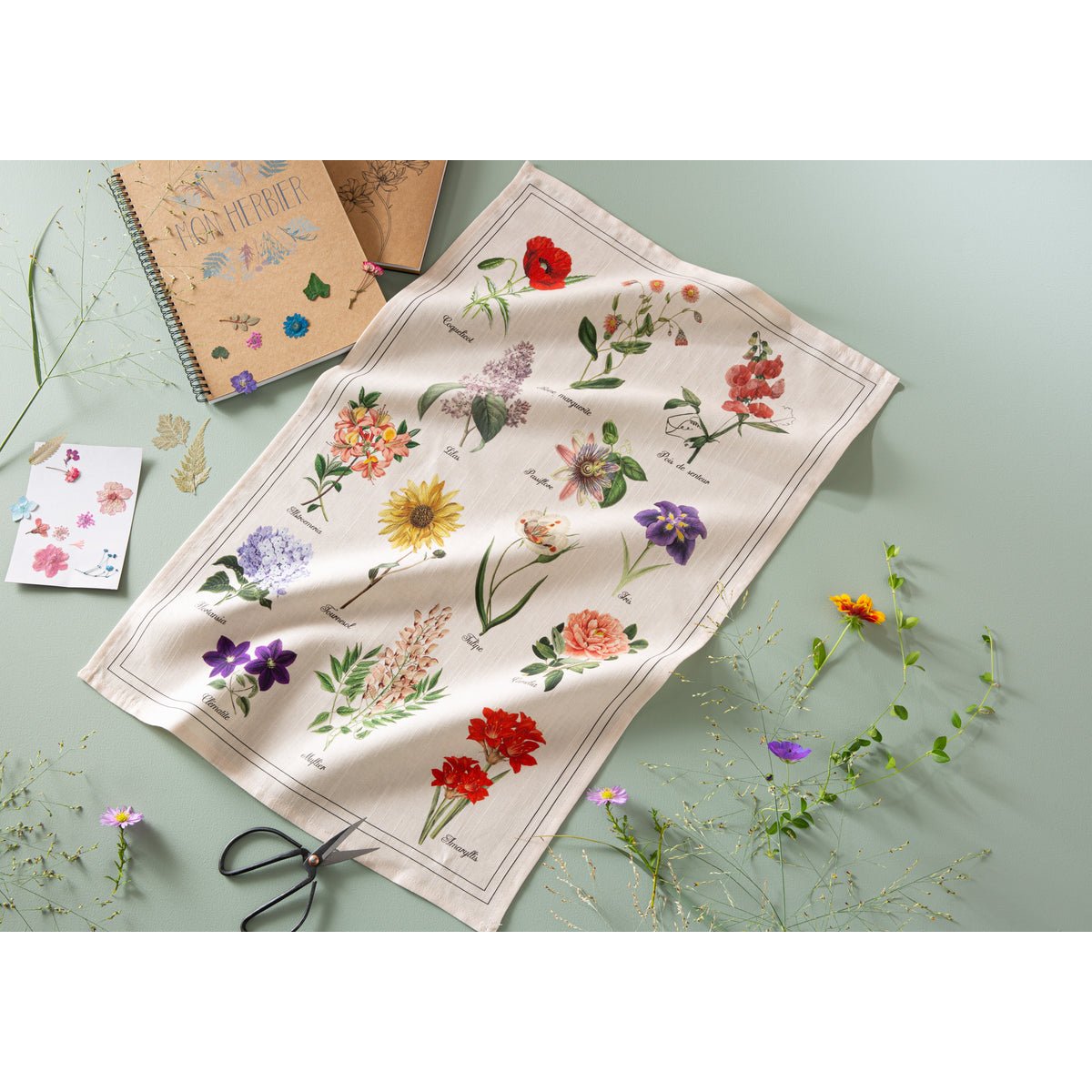 Torchon imprimé en coton et lin HERBIER blanc fleuri, COUCKE