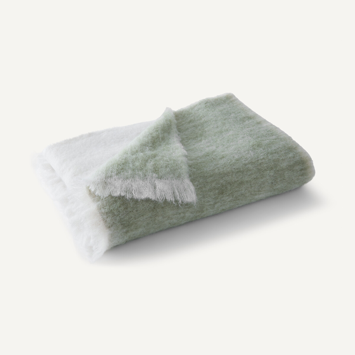 Plaid bicolore en laine et polyamide, Tzara ecru/vert boisé, AM.PM