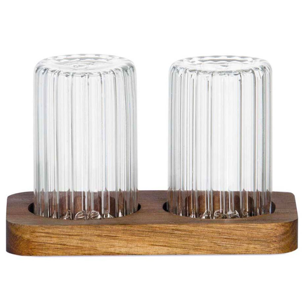 Salière et poivrière en verre et plateau bois acacia 14x7.5x9cm bois, WADIGA