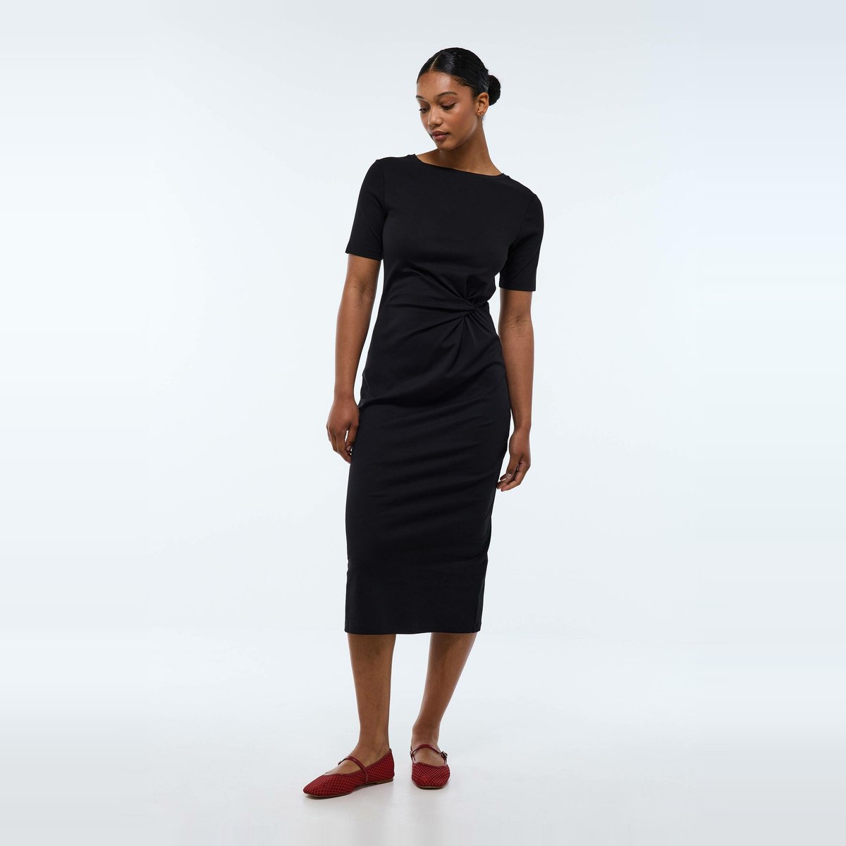 Robe à manches courtes noeud à la taille, en coton BIO GOTS noir, MONOPRIX