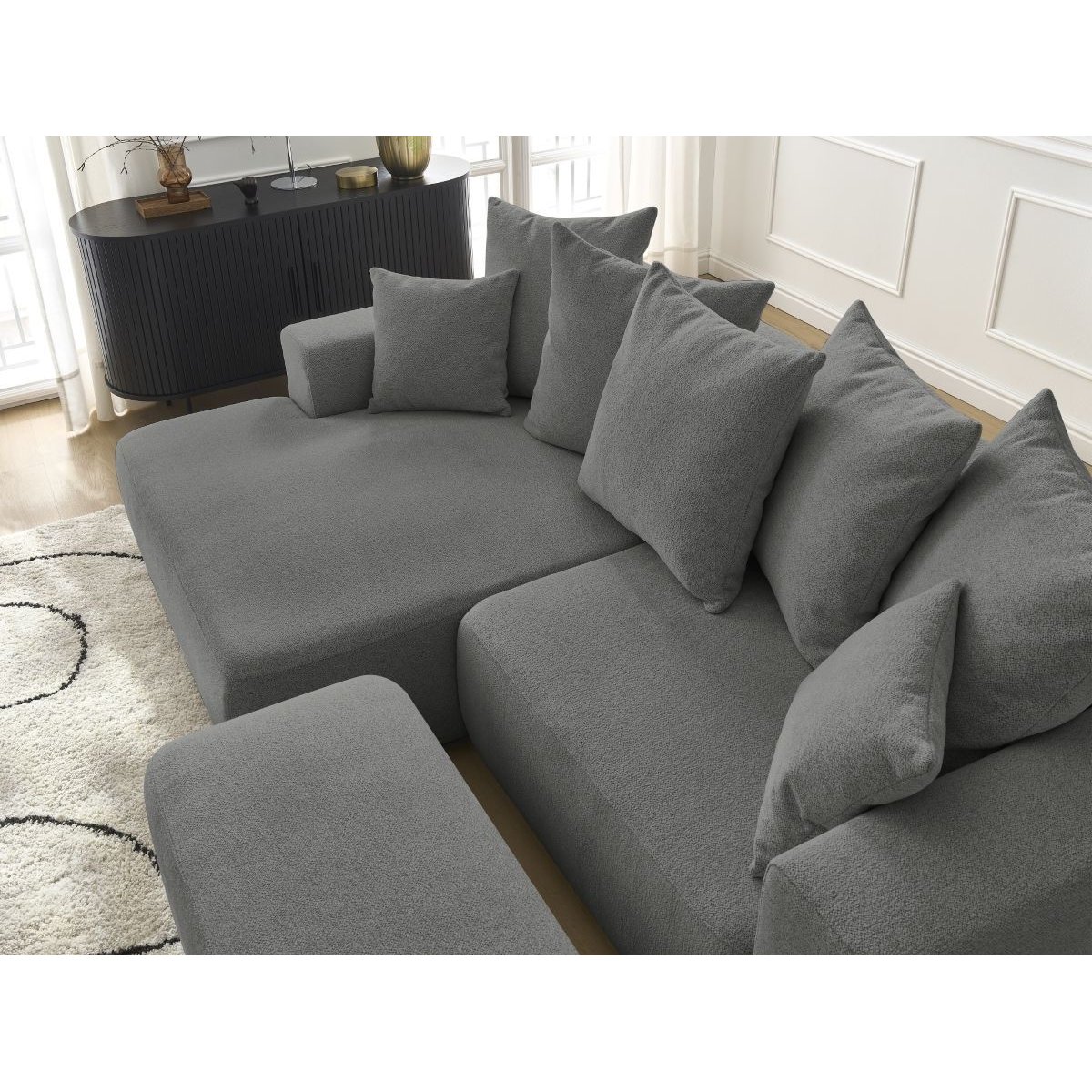Canapé d'angle convertible 5 places en tissu chiné avec pouf, ATILLA gris foncé, BOBOCHIC