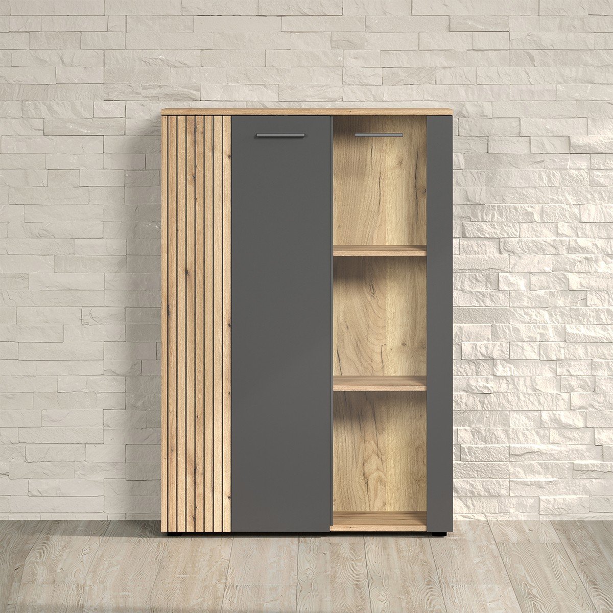Rangement vitré 2 portes dont une avec verre trempé L90cm - Esteban gris anthracite, CALICOSY