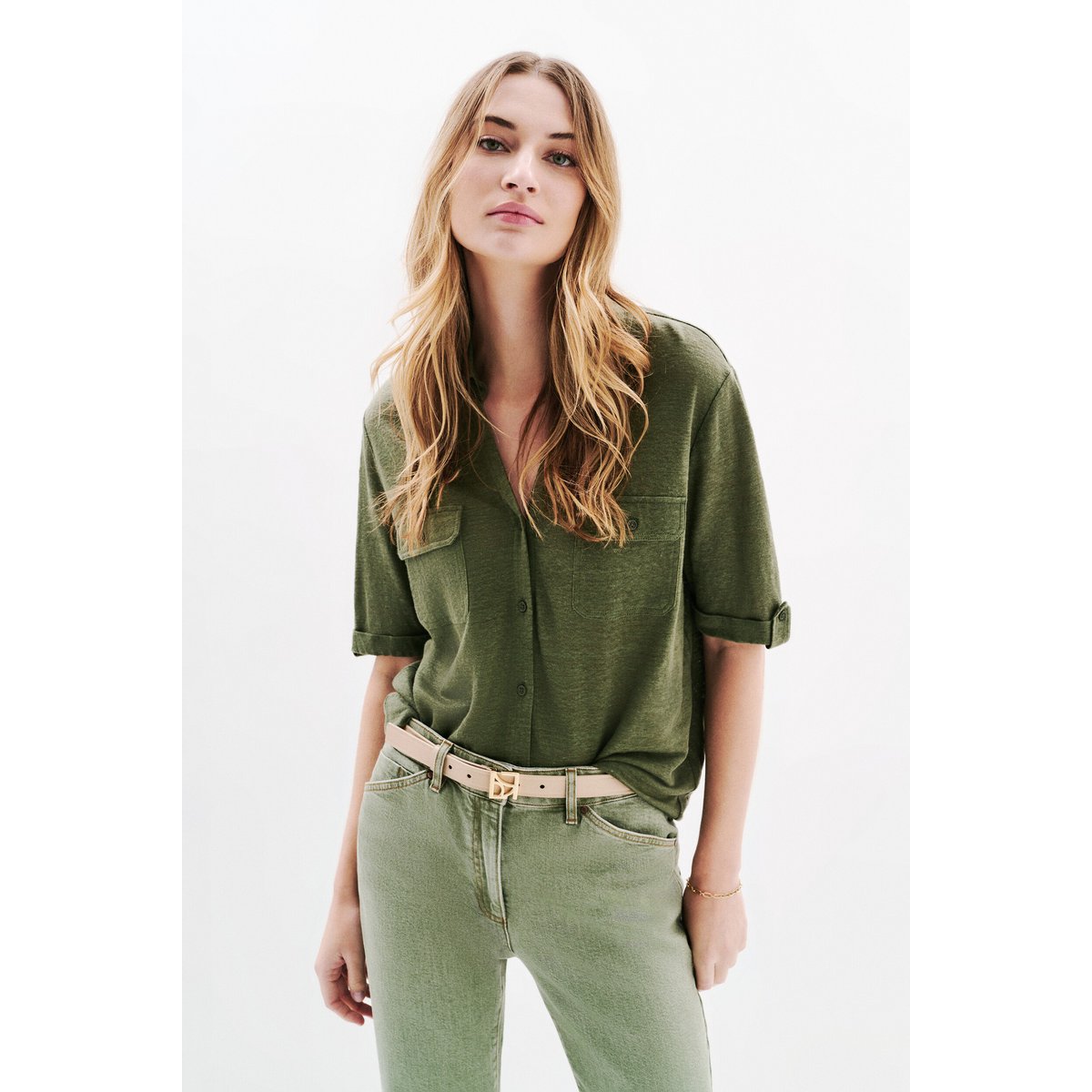 Chemise col fendu lin ESTELA vert kaki, CAROLL