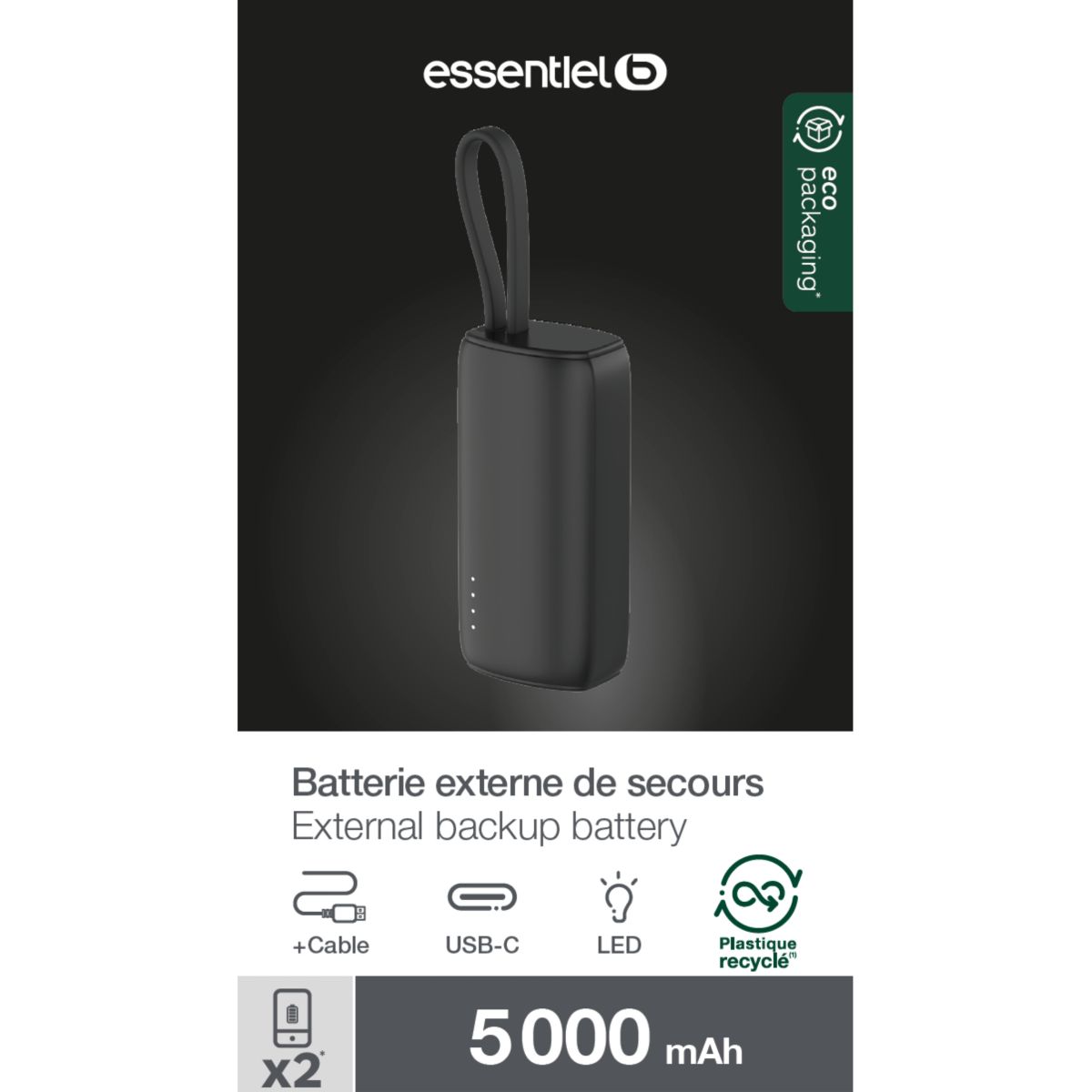 Batterie externe 5000 mAh avec cable USB-C couleur unique, ESSENTIEL B
