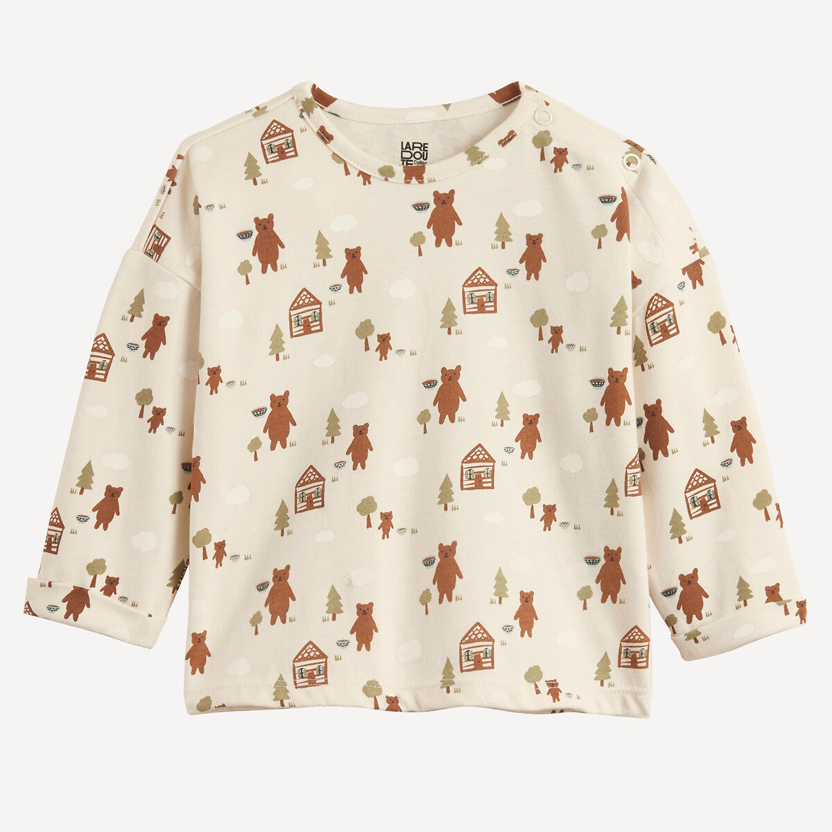Ensemble 2 pièces, T-shirt imprimé ours et salopette à fines bretelles marron/écru, LA REDOUTE COLLECTIONS