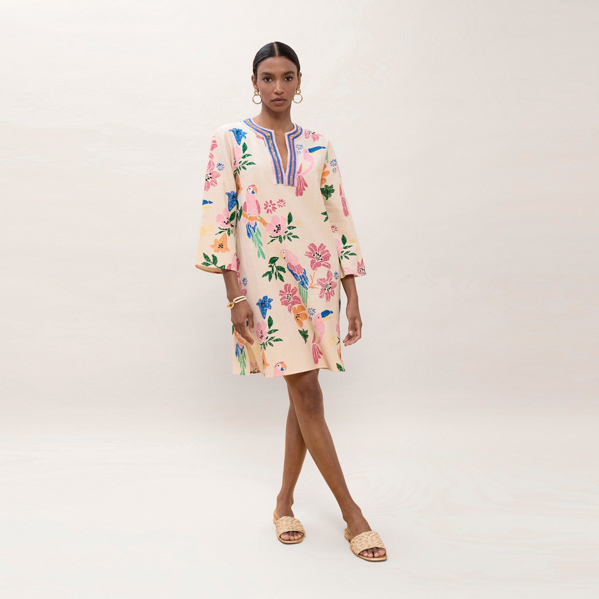 Robe longue en lin mélangé à col halter imprimée ecru, LOLA CASADEMUNT