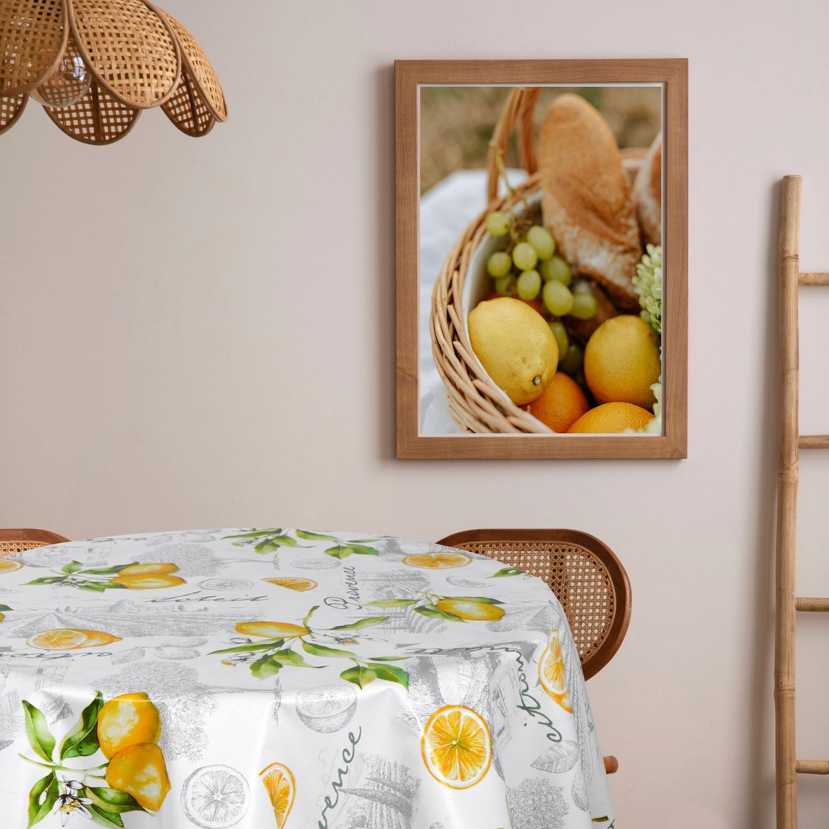 Nappe en toile cirée ronde grand format motifs citron CITE gris, TOILINUX
