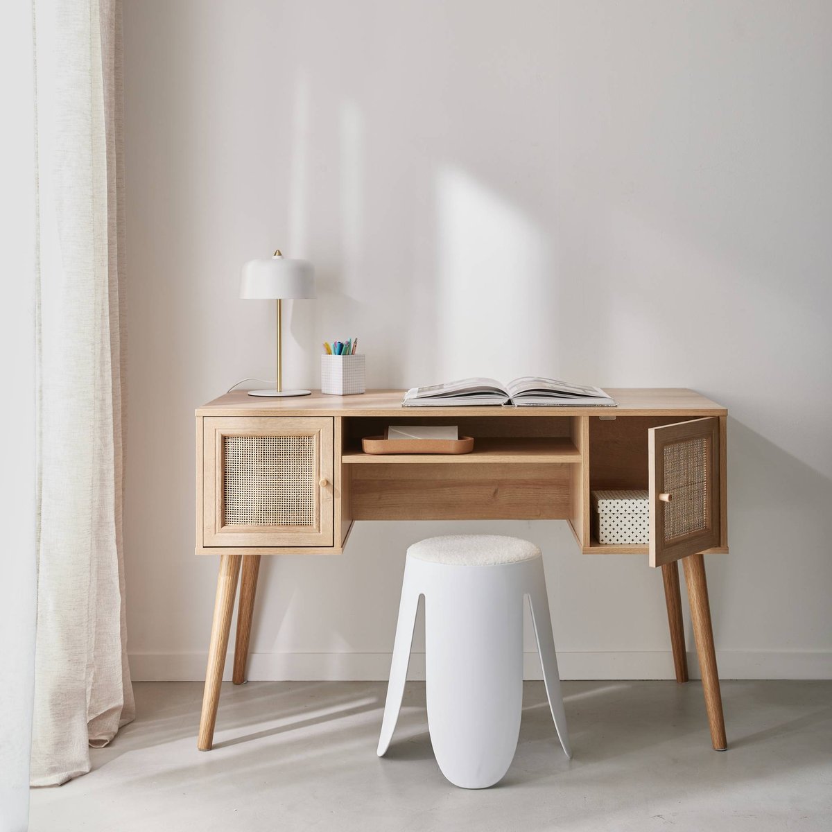 Bureau décor bois et cannage 2 portes BOHÈME naturel, SWEEEK