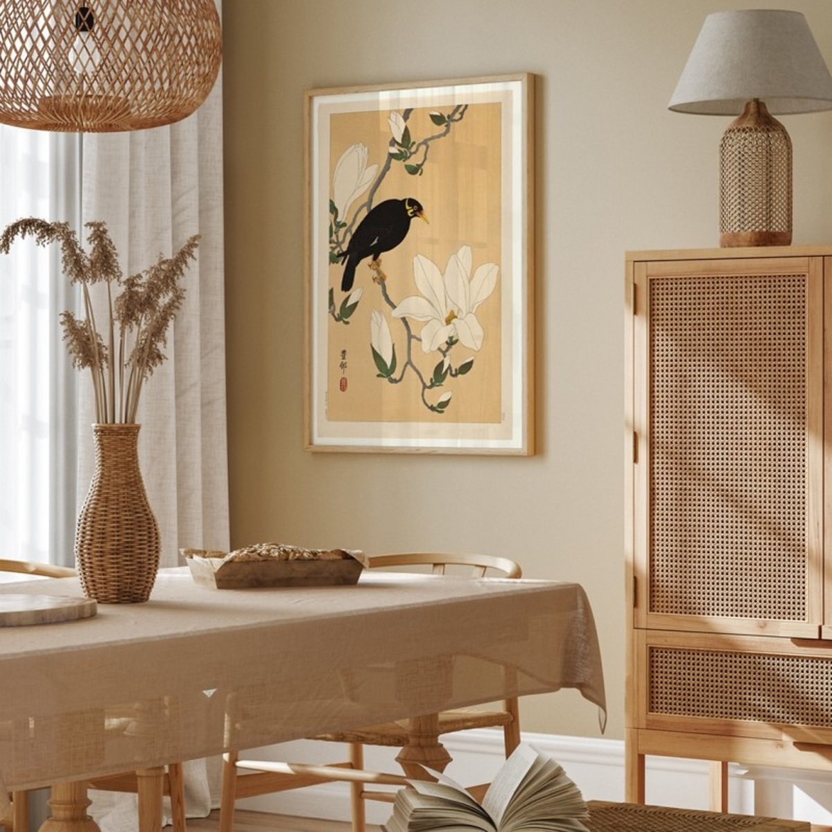 Affiche ancienne japonaise Ohara Koson  Myna bird beige, THE DYBDAHL CO