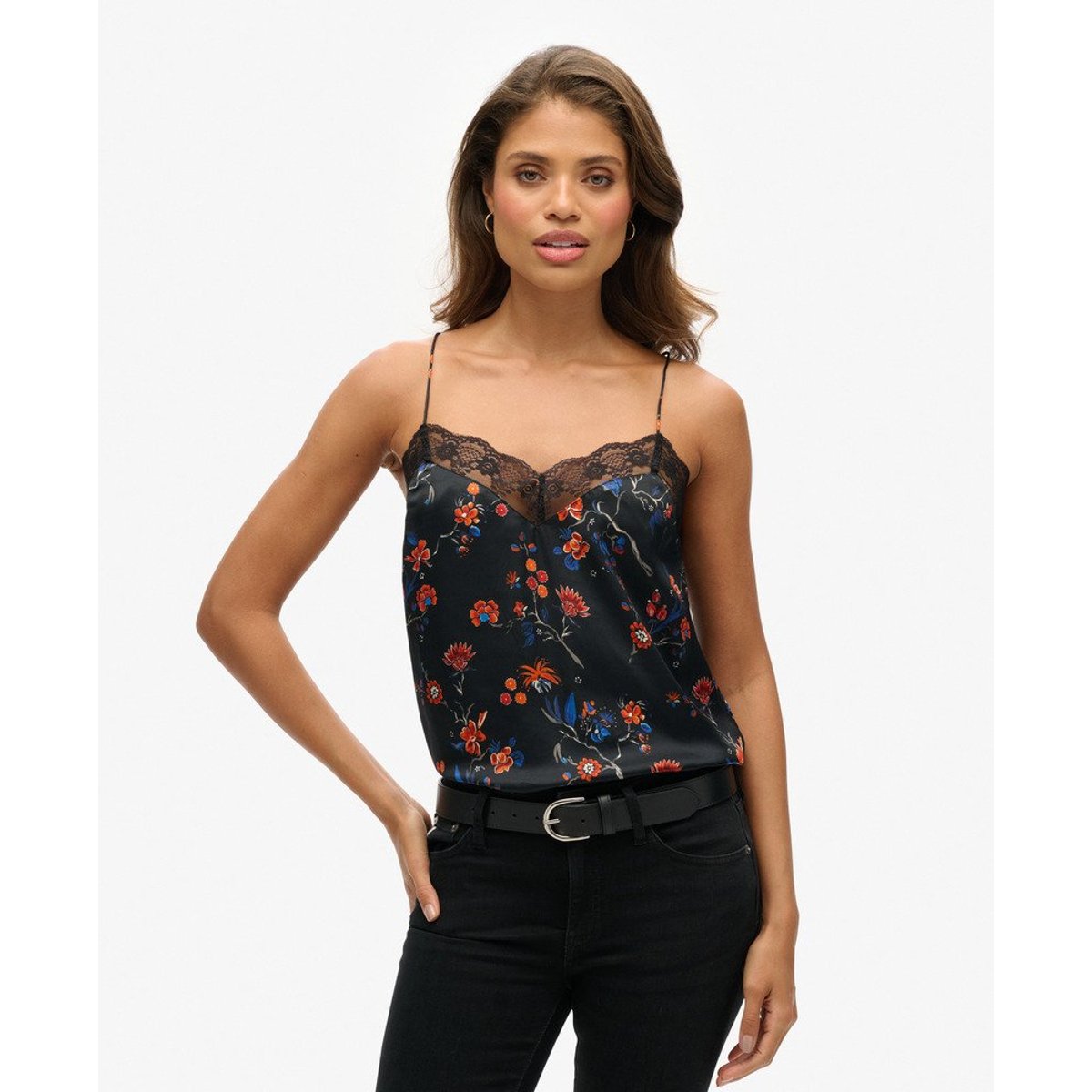 Caraco en satin avec liseré en dentelle imprimé rinko noir, SUPERDRY