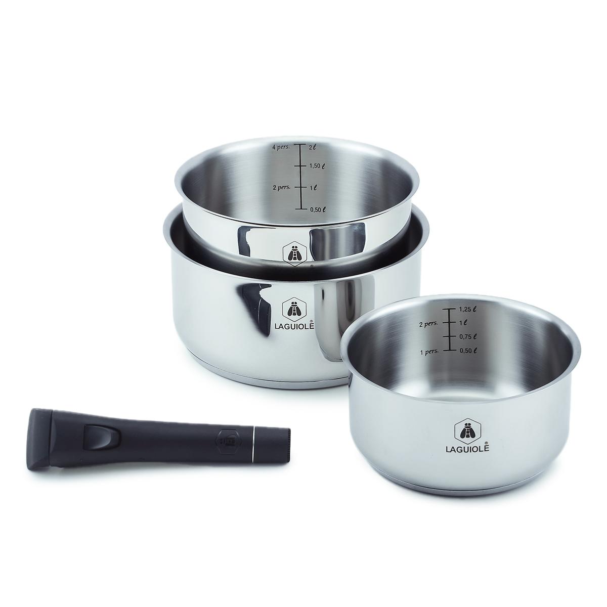 Set de 3 casseroles inox amovible 16/18/20cm - "Réactif" couleur unique, LAGUIOLE CUISSON