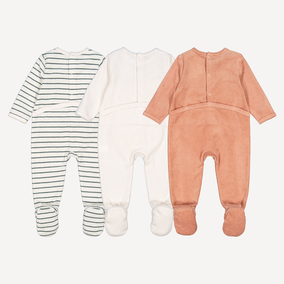 Pack of 3 Towelling Sleepsuits with Camel/Striped Print assorted, LA REDOUTE COLLECTIONS