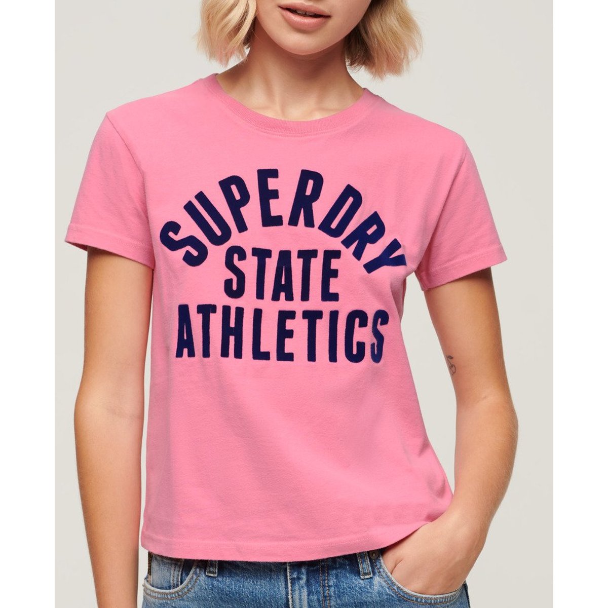T-shirt ajusté floqué Varsity rose fluo, SUPERDRY