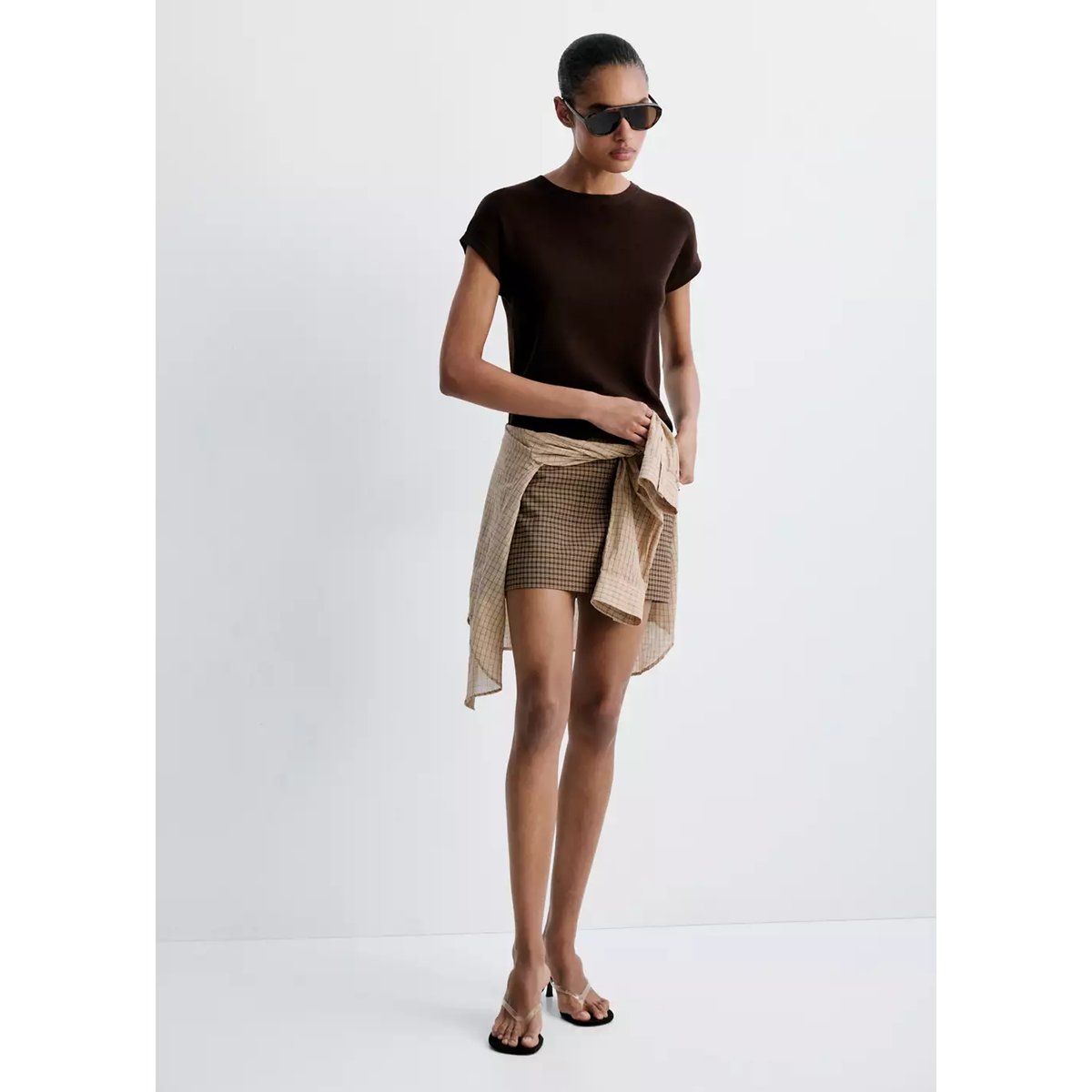 Jupe courte carreaux marron, MANGO
