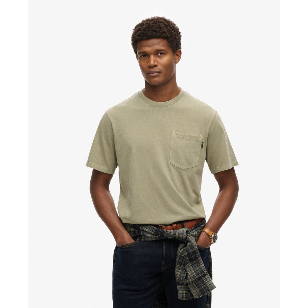 T-shirt à poche avec surpiqûres contrastées gris délavé, SUPERDRY