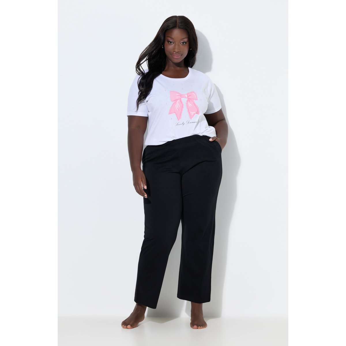 Pantalon de pyjama uni/cœurs, jambe longue noir, ULLA POPKEN