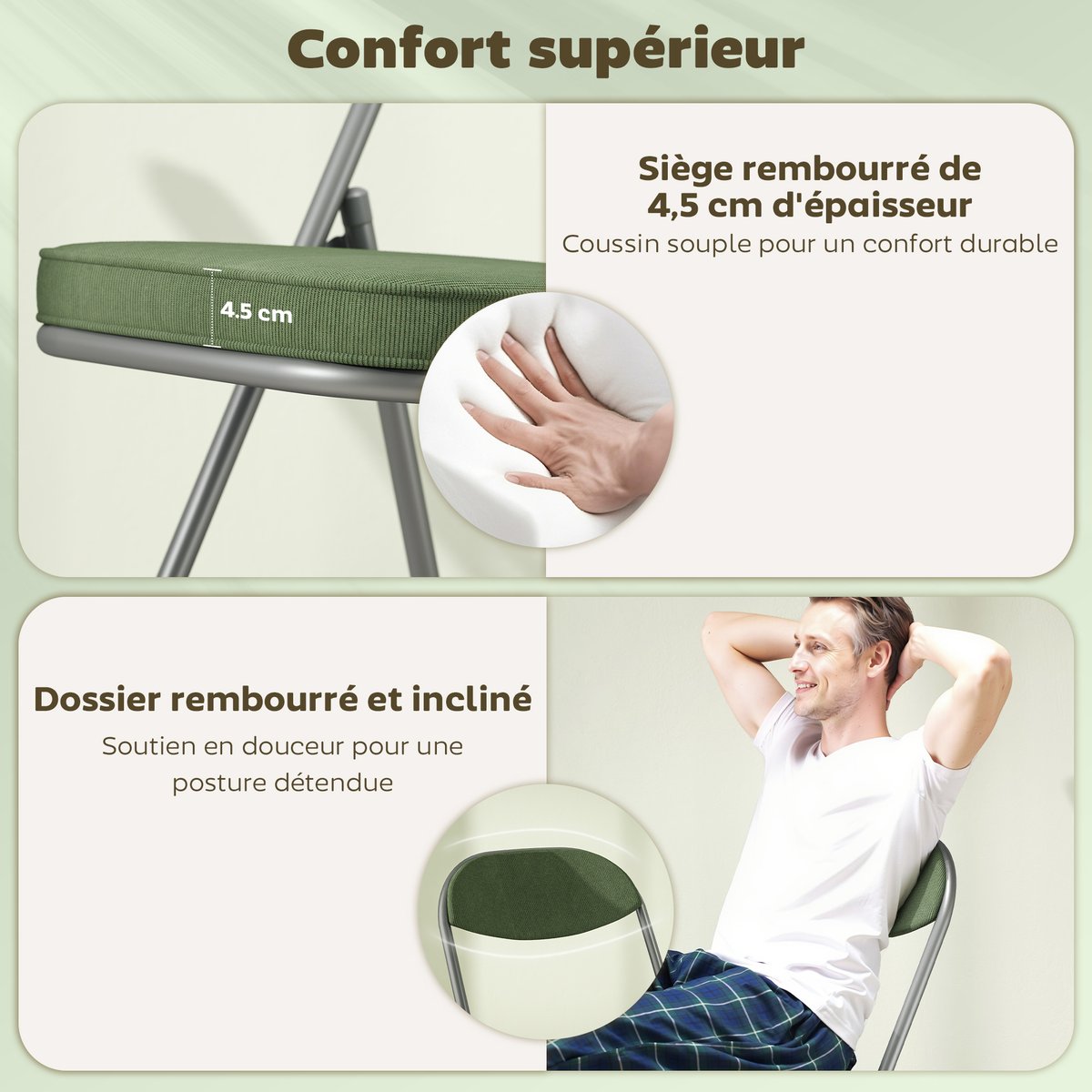 Chaise pliante Velours côtelé (100 % vert, HOMCOM