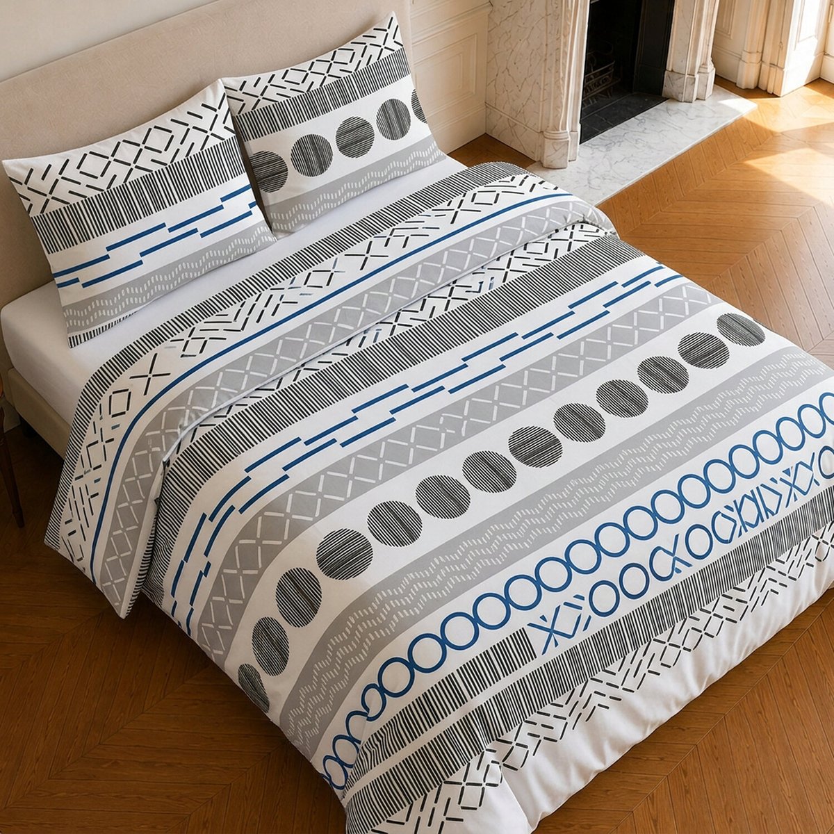Parure de lit en microfibre motif géométrique, VAGUE bleu, C DESIGN HOME TEXTILE