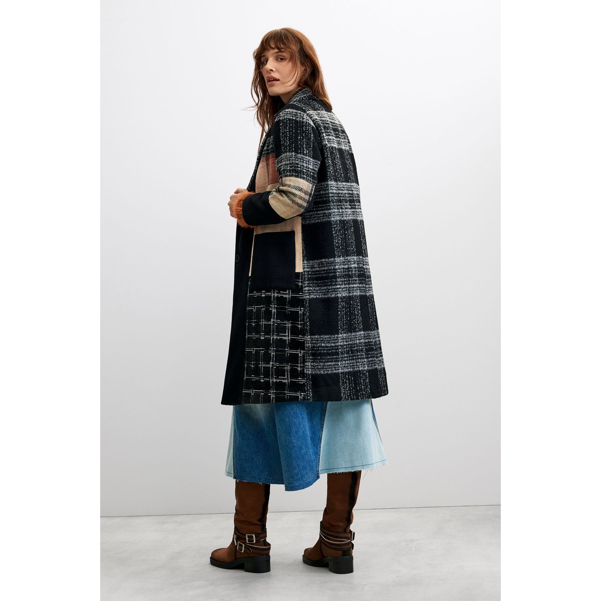 Manteau en laine à carreaux patch noir, DESIGUAL