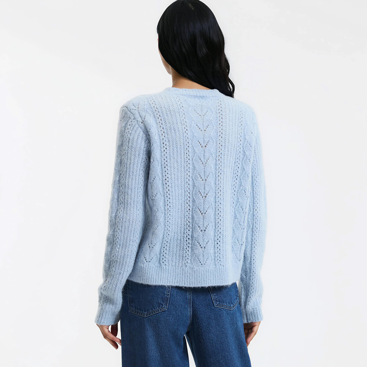 Pull en maille ajourée, laine et alpaga mélangés bleu ciel, LA REDOUTE COLLECTIONS
