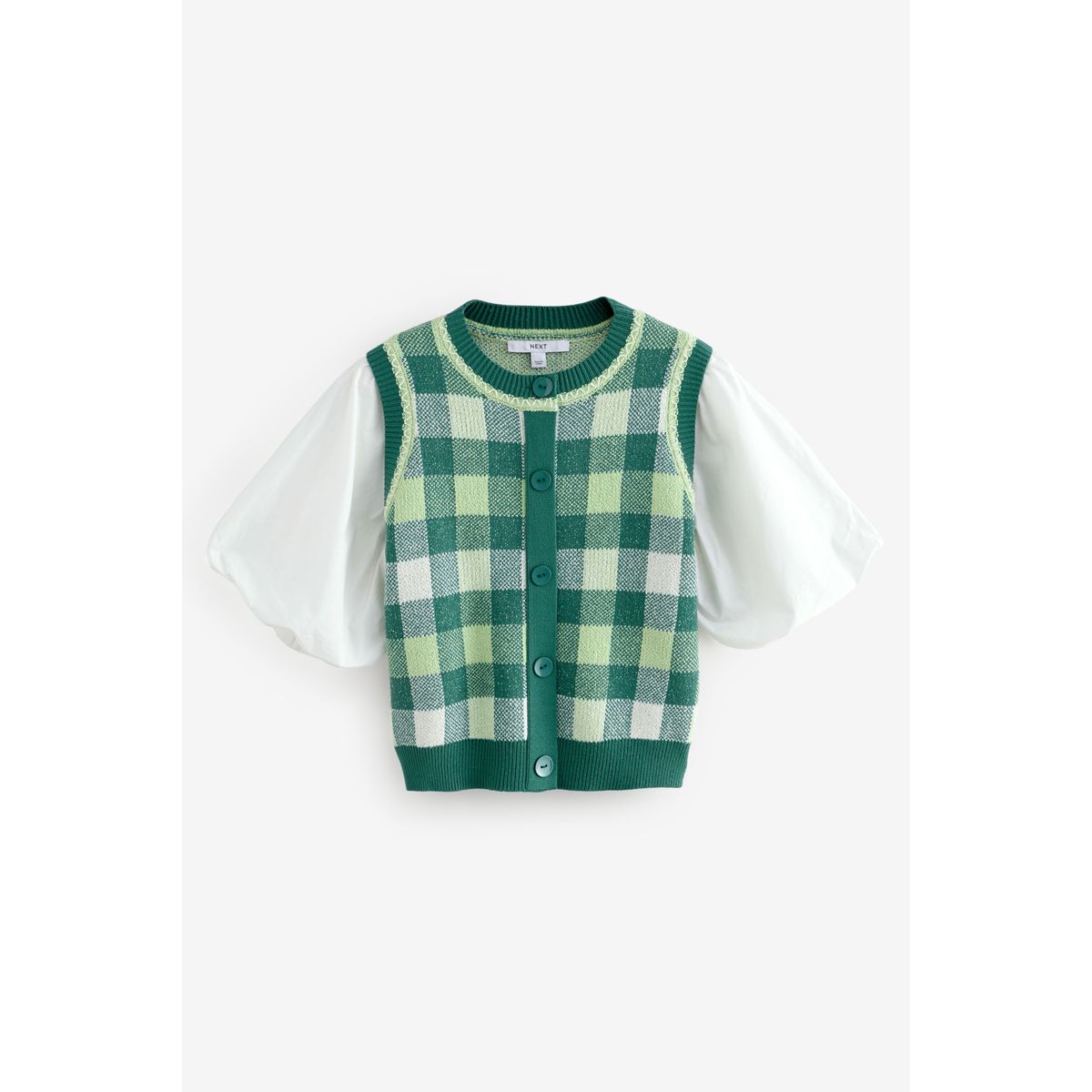 Pull vichy avec débardeur superposé en maille vert, NEXT