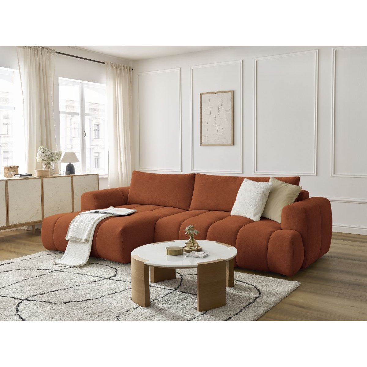 Canapé d'angle convertible 3 places en tissu lisse, FUJI orange, BOBOCHIC