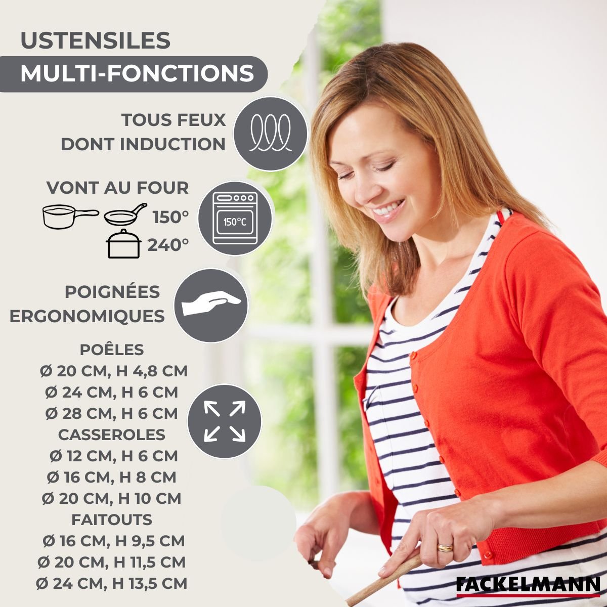 3 poêles 20/24/28, 3 faitouts 16/20/24, 3 casseroles 12/16/20 inox|noir, FACKELMANN