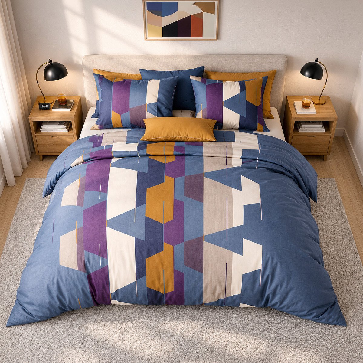 Parure de lit en percale de coton motif géométrique abstrait, AXOM multicolore, ATELIER DU COTON