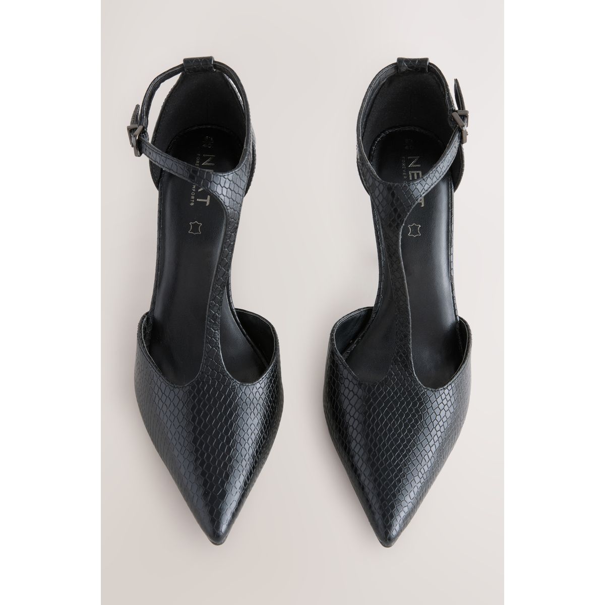 Salomés pointues en cuir effet lézard noir, NEXT