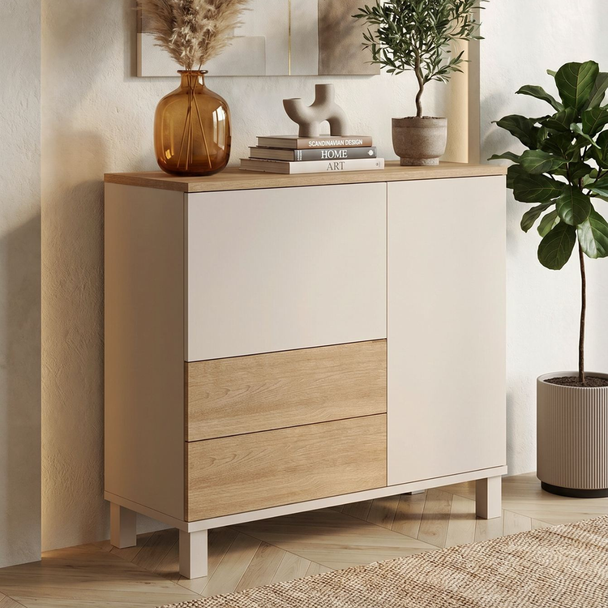 Buffet 2 portes, 2 tiroirs décor KORA beige, CALICOSY