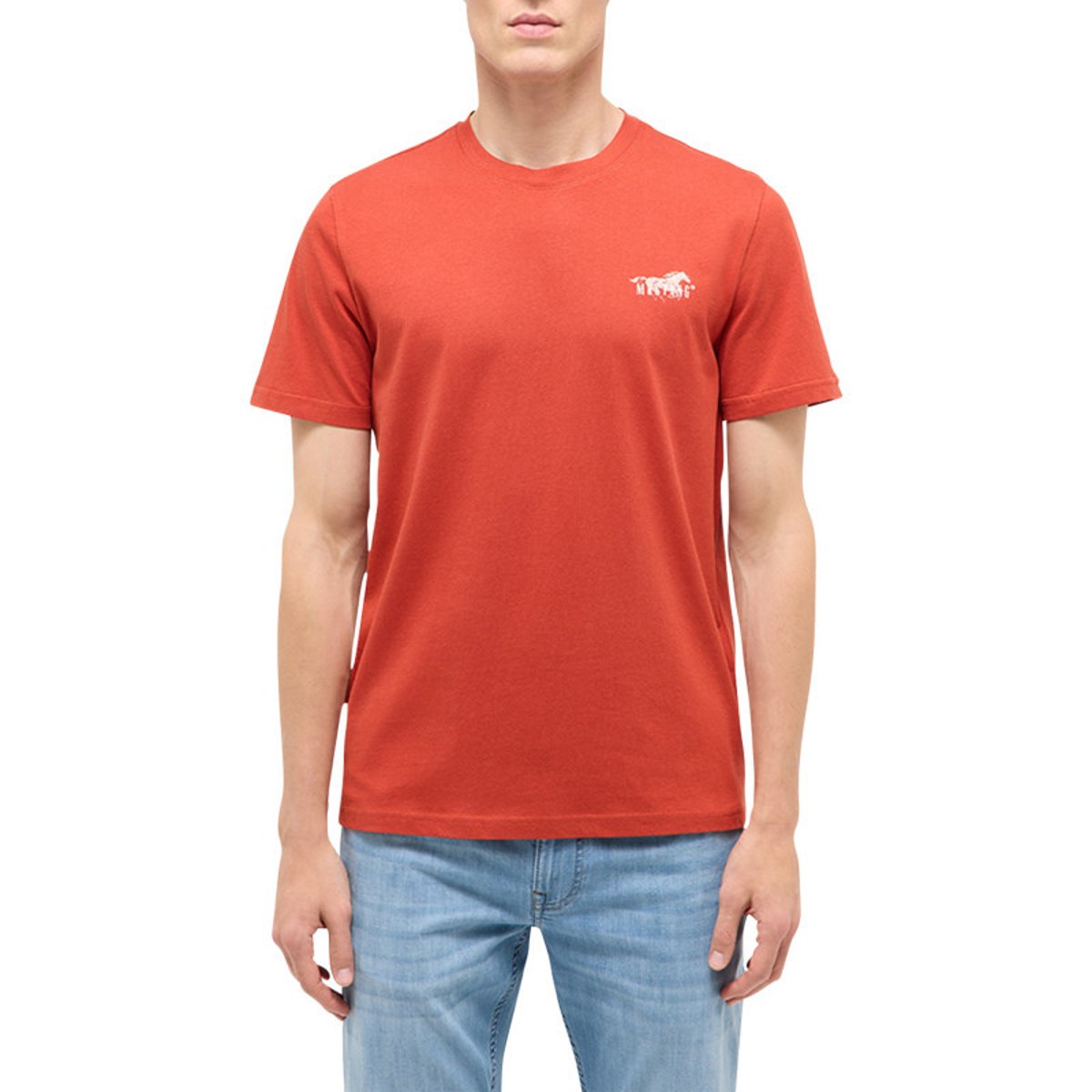 T-shirt en coton vert d'eau uni avec une coupe droite et un col rond rouge, MUSTANG