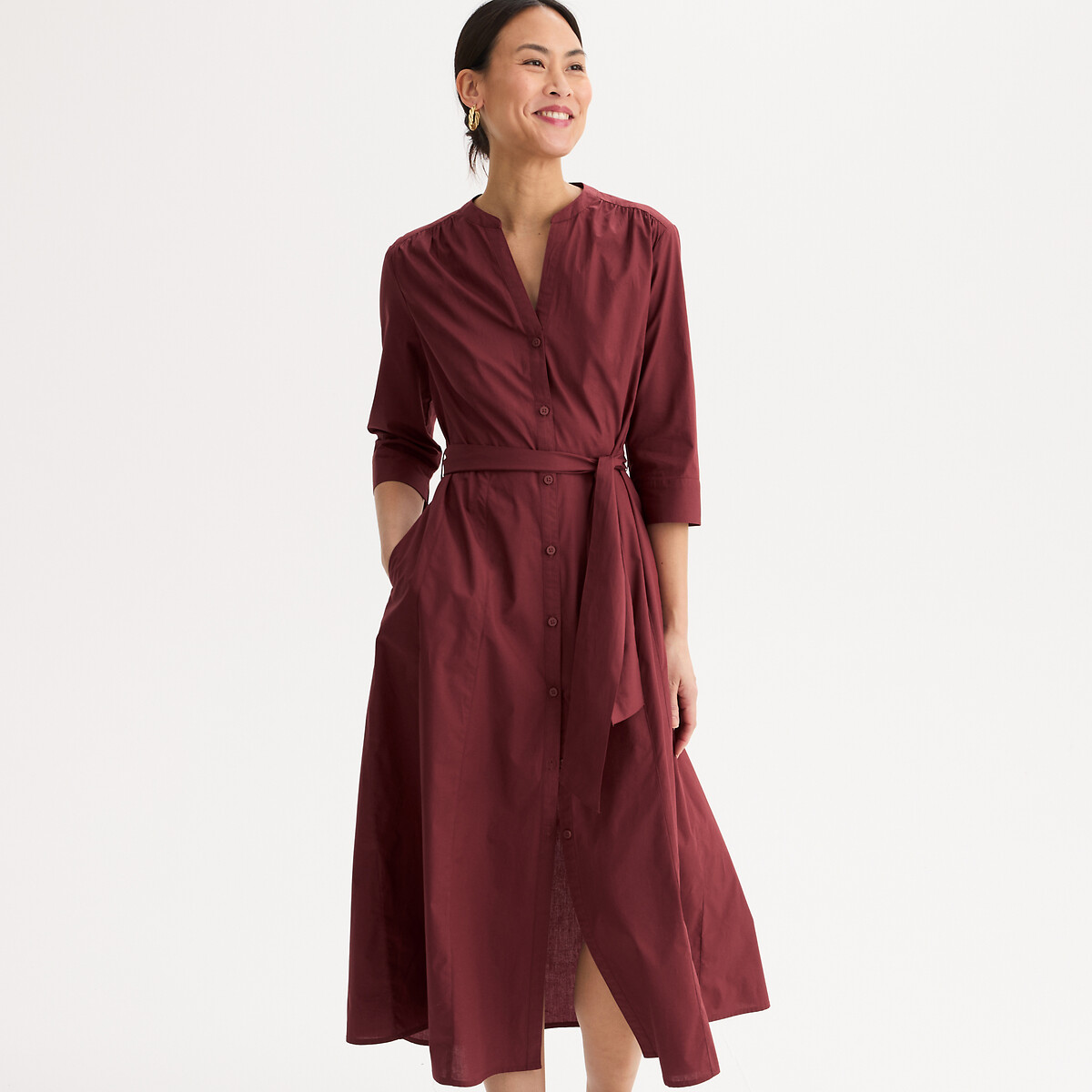 Robe longue évasée en coton, manches 3/4 marron rougi, ANNE WEYBURN